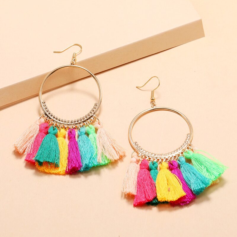 

Colorful Tassel Ring Drop Earrings, Multicolor