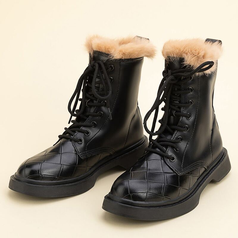 

Braided Embossed Lace-up Front Plush Inside Boots, Black