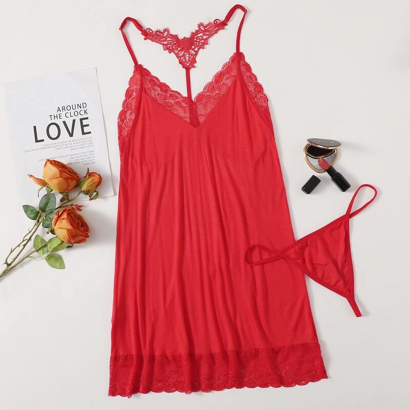 

2pack Lace Trim Lingerie Dress With Thong, Red
