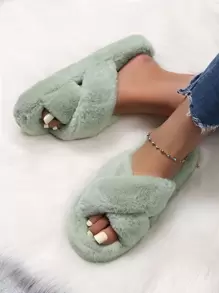 Minimalist Cross Strap Fluffy Slippers - Green - View 1
