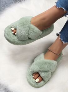 Minimalist Cross Strap Fluffy Slippers - Green - View 2
