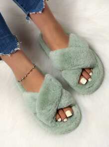 Minimalist Cross Strap Fluffy Slippers - Green - View 3