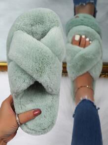 Minimalist Cross Strap Fluffy Slippers - Green - View 4