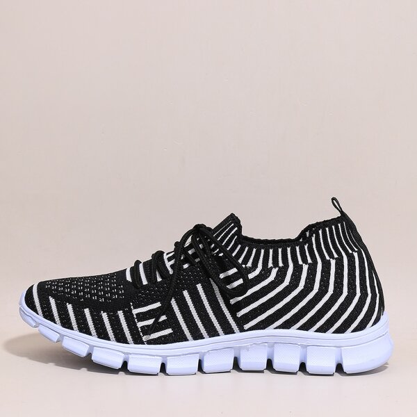 

Striped Graphic Lace Up Decor Knit Sneakers, Black and white