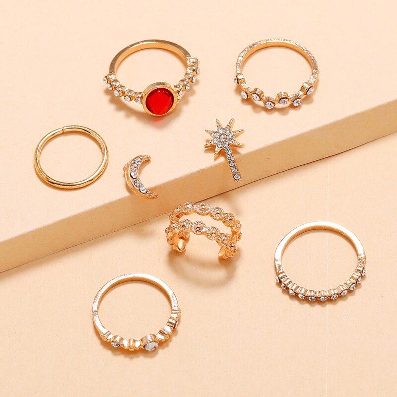

8pcs Rhinestone Earrings & Ring, Gold
