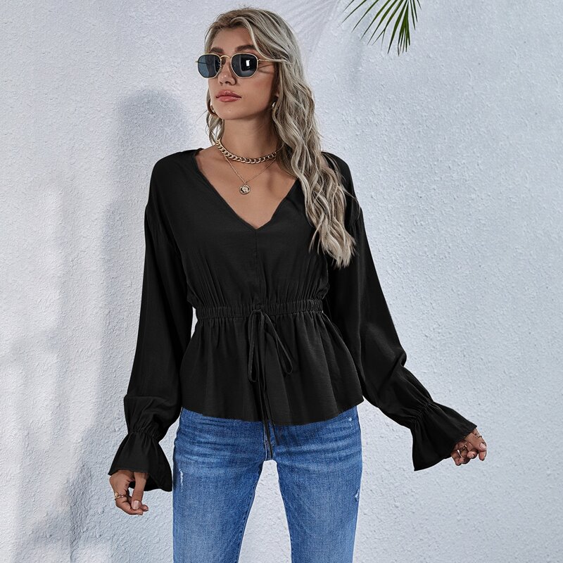 

Flounce Sleeve Knotted Peplum Top, Black