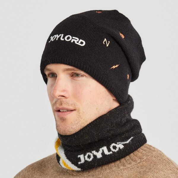 

1pc Men Embroidery Detail Beanie & 1pc Scarf, Black