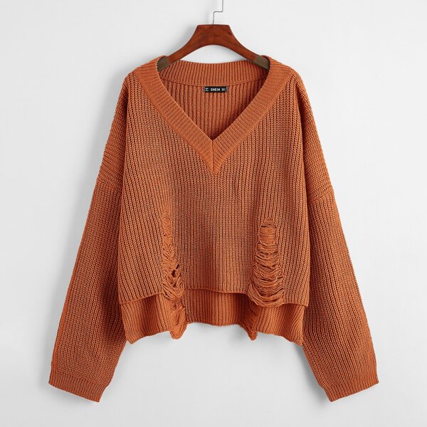 

Plus Drop Shoulder Ripped High Low Sweater, Burnt orange