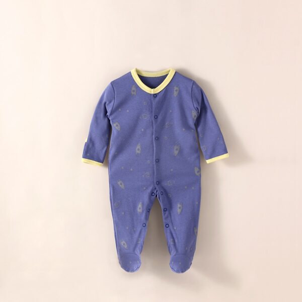 

Baby Boy Contrast Binding Cartoon Graphic Footed Jumpsuit, Navy blue