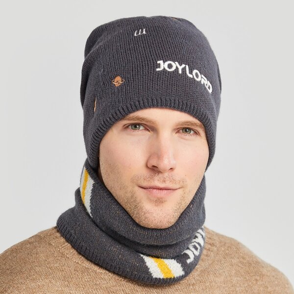 

1pc Men Embroidery Detail Beanie & 1pc Scarf, Grey