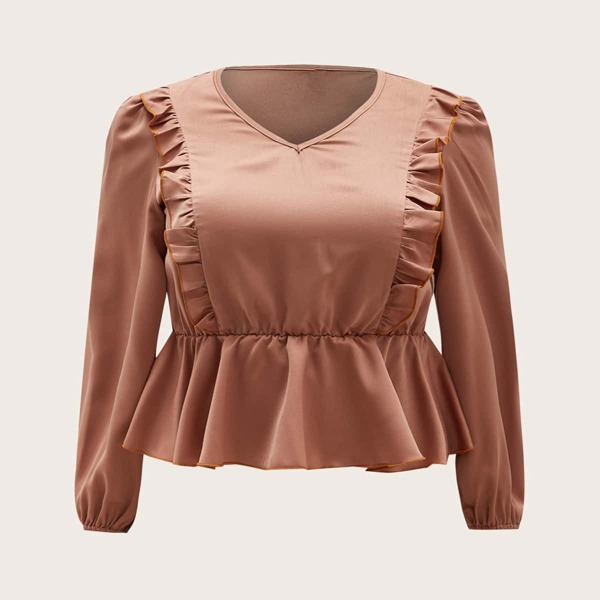 

Plus V-neck Frill Trim Peplum Blouse, Apricot