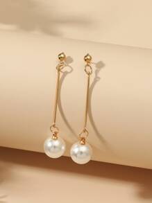 Faux Pearl Drop Earrings - Yellow Gold - View 2