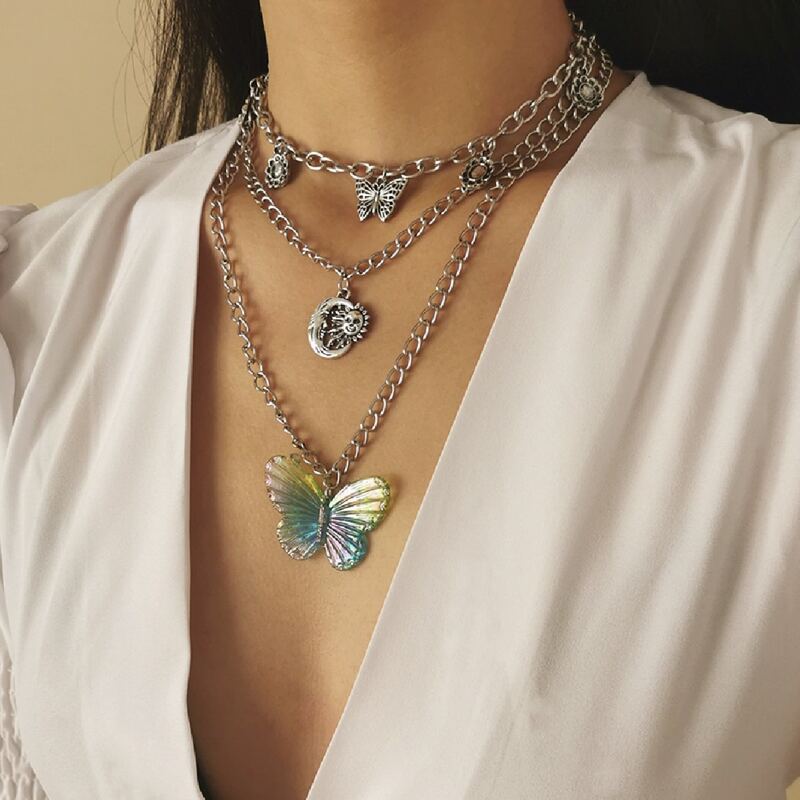 

Butterfly & Floral Layered Chain Necklace, Silver