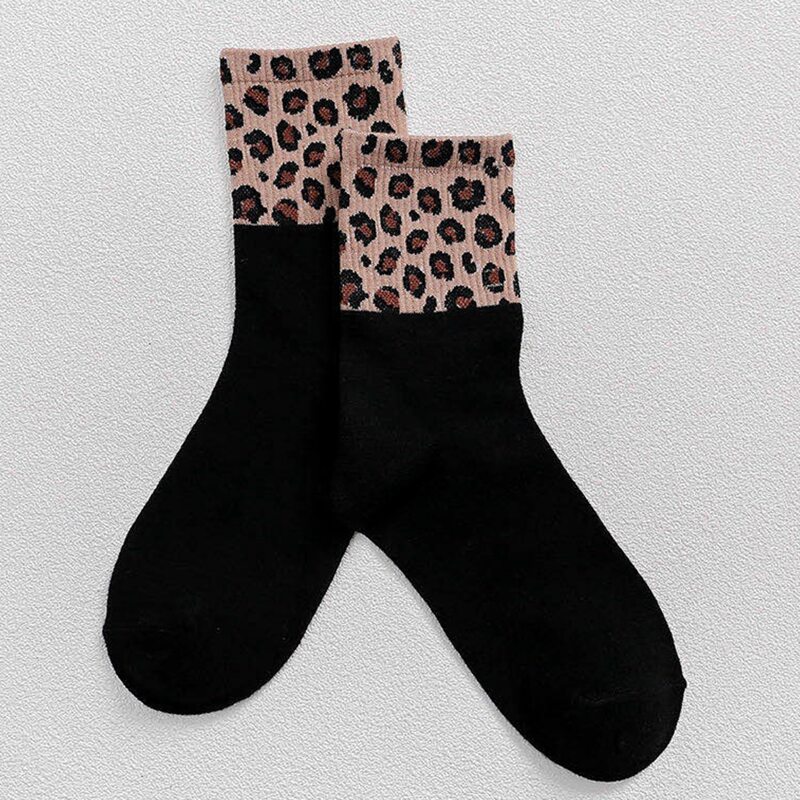 

Contrast Leopard Crew Socks, Black