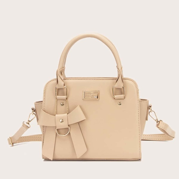 

Metal Decor Satchel Bag With Bag Charm, Apricot