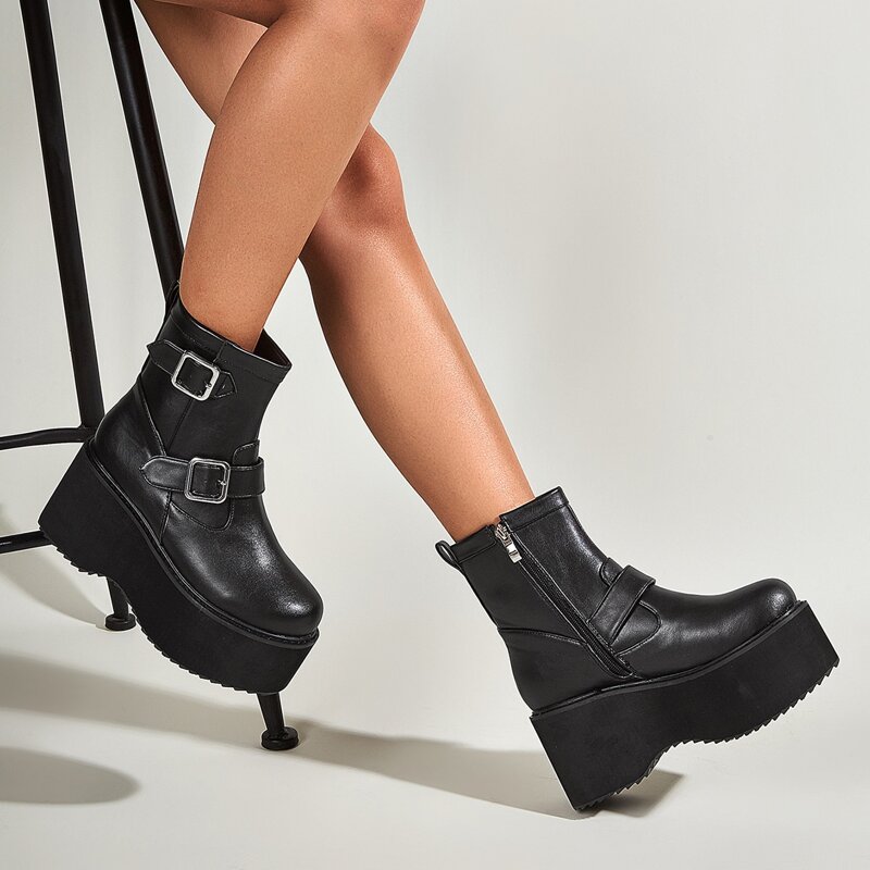 

Buckle Decor Platform Boots, Black
