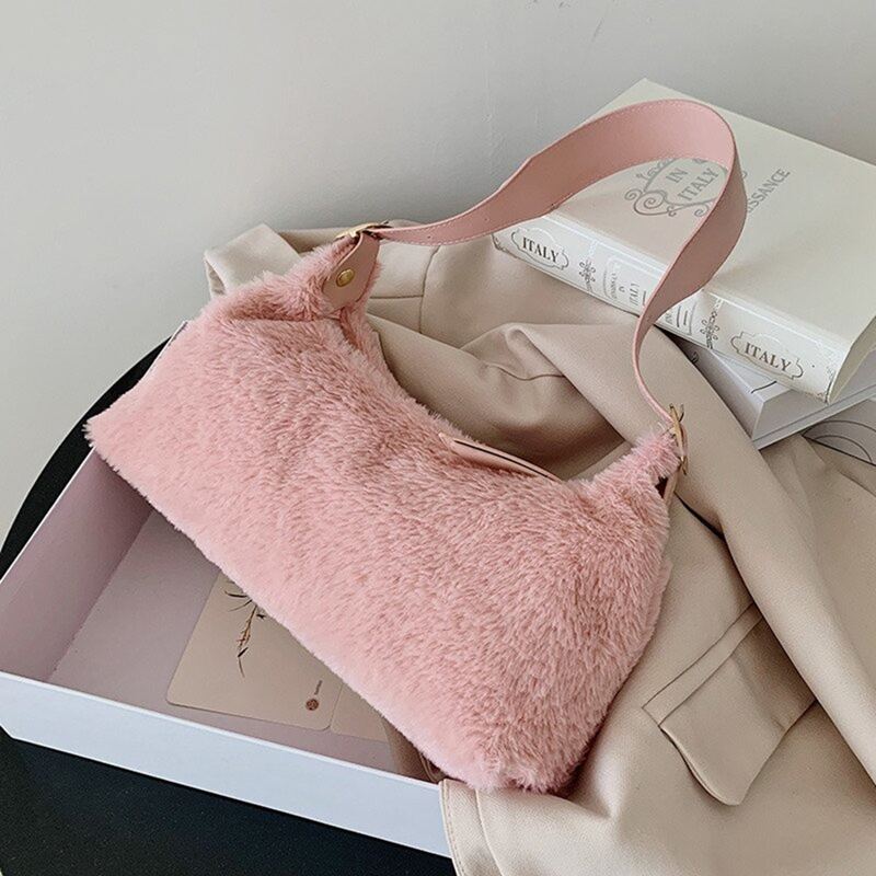 

Solid Fluffy Baguette Bag, Baby pink