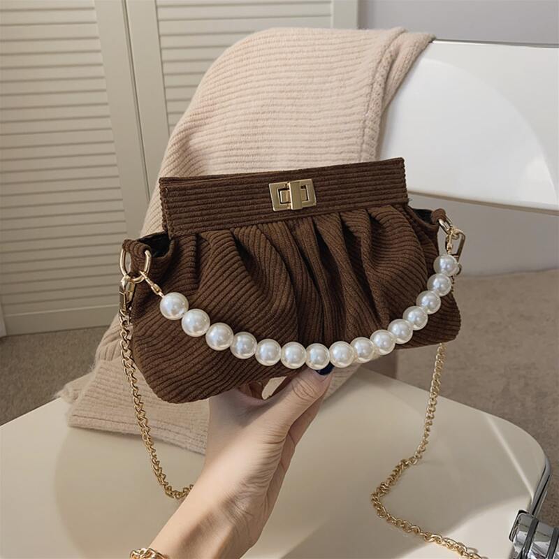 

Faux Pearl Handle Corduroy Ruched Bag, Coffee brown