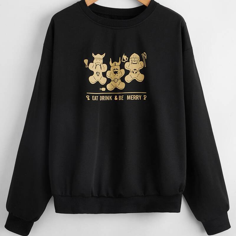 

Cartoon & Slogan Graphic Sweatshirt, Black
