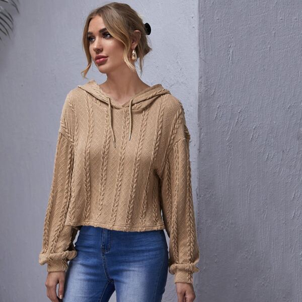

Drop Shoulder Cable Knit Drawstring Hoodie, Khaki