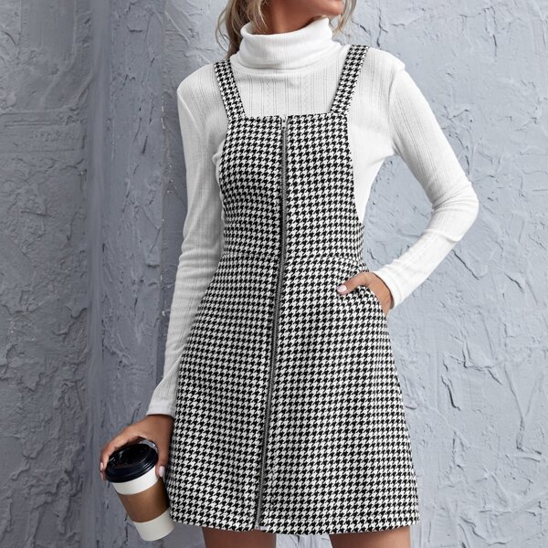 

Zip Up Houndstooth Overall Dress, Black and white