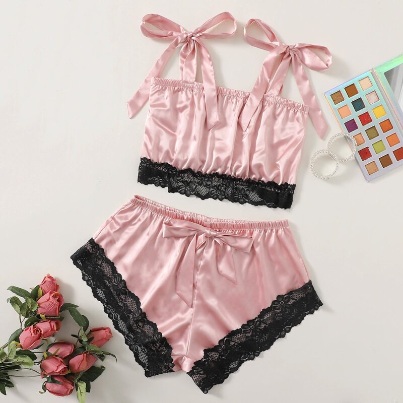 

Knot Straps Lace Trim Satin Top & Shorts Night Set, Baby pink