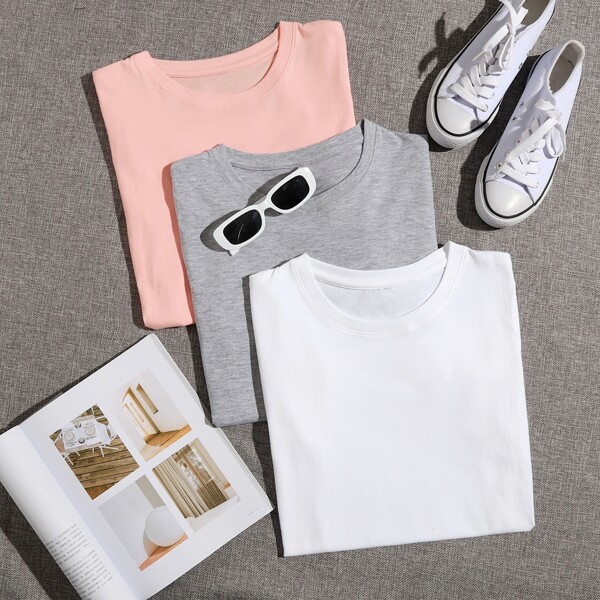 

3pcs Solid Round Neck Tee, Multicolor