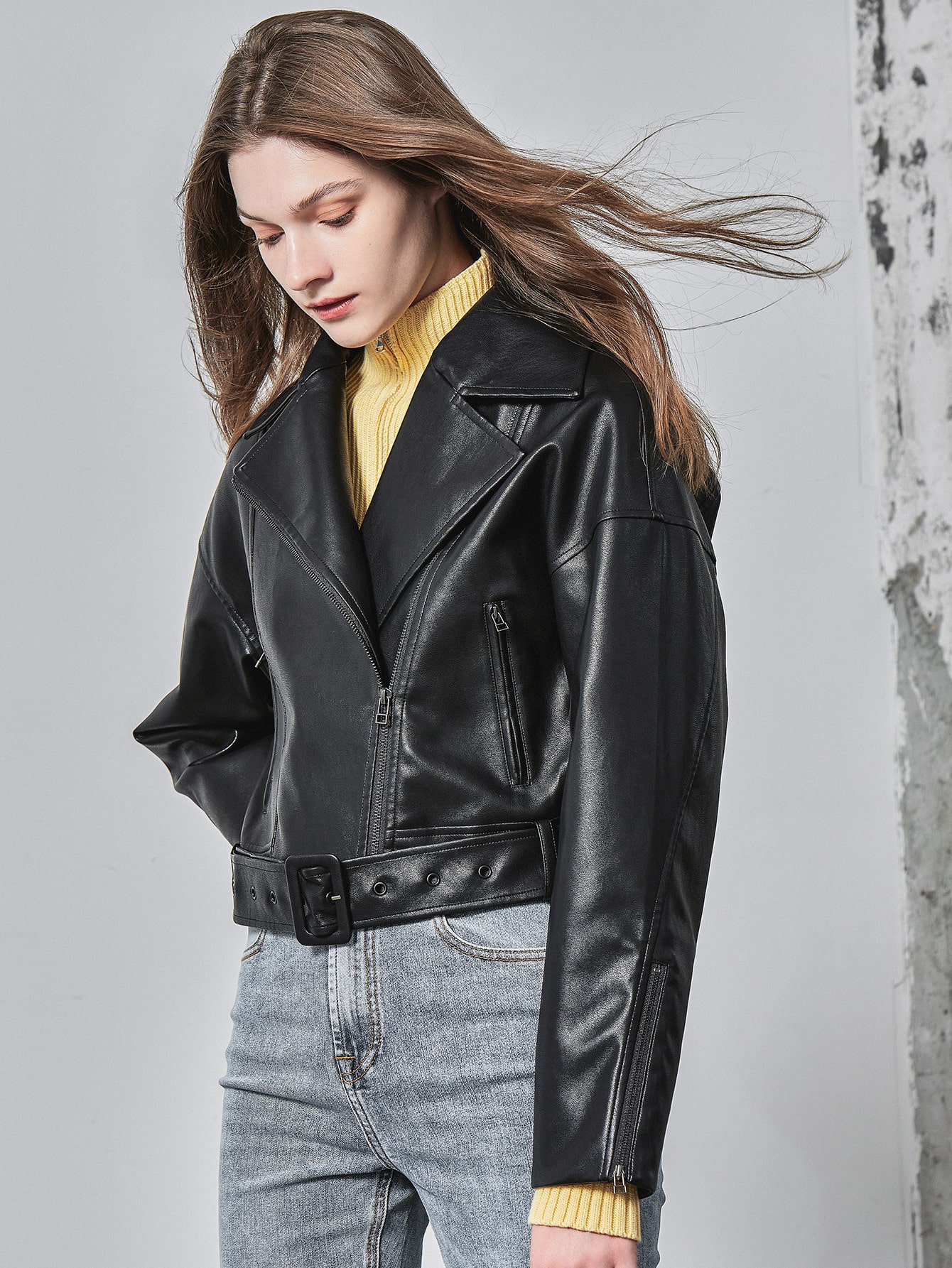 PU LEATHER BOXY BELTED BIKER JACKET thumbnail