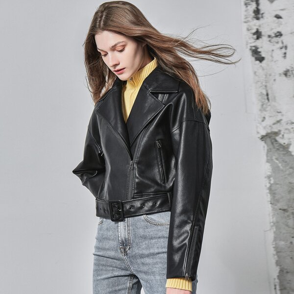 

PU LEATHER BOXY BELTED BIKER JACKET, Black