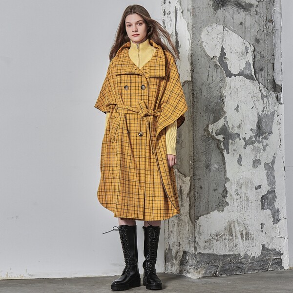 

OVERSIZE CLOAK SLEEVE BELTED COAT, Mustard yellow