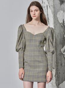 SHEIN Rayon Fitted Gigot Sleeve Plaid Dress - Grey - View 3
