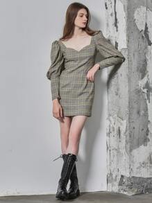SHEIN Rayon Fitted Gigot Sleeve Plaid Dress - Grey - View 1