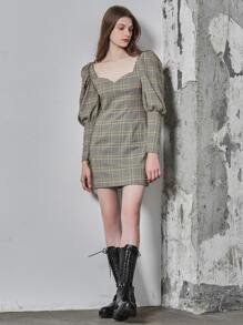 SHEIN Rayon Fitted Gigot Sleeve Plaid Dress - Grey - View 4