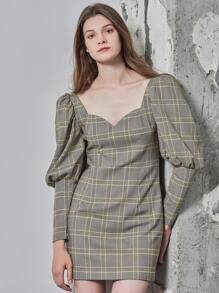 SHEIN Rayon Fitted Gigot Sleeve Plaid Dress - Grey - View 5