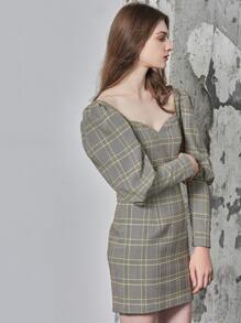 SHEIN Rayon Fitted Gigot Sleeve Plaid Dress - Grey - View 6
