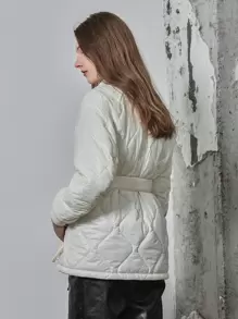 SHEIN Unity Drop Shoulder Belted Down Coat - Beige - View 2