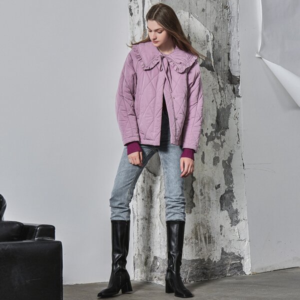 

OVERSIZE STATEMENT COLLAR QUILTED DOWN COAT, Lilac purple