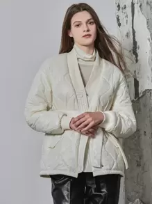 SHEIN Unity Drop Shoulder Belted Down Coat - Beige - View 5