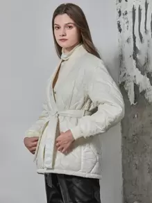 SHEIN Unity Drop Shoulder Belted Down Coat - Beige - View 6