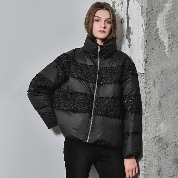 

OVERSIZE SEQUIN PANEL DOWN COAT, Black