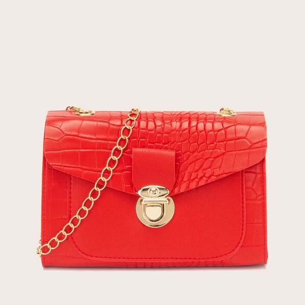 

Push Lock Croc Embossed Chain Bag, Red
