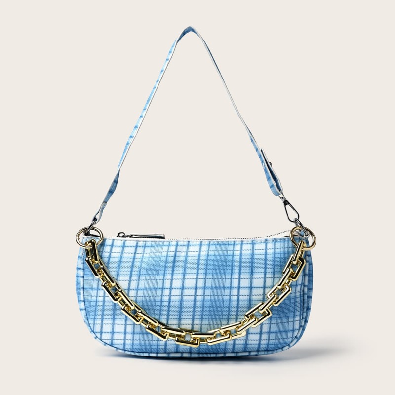 

Tartan Chain Baguette Bag, Baby blue