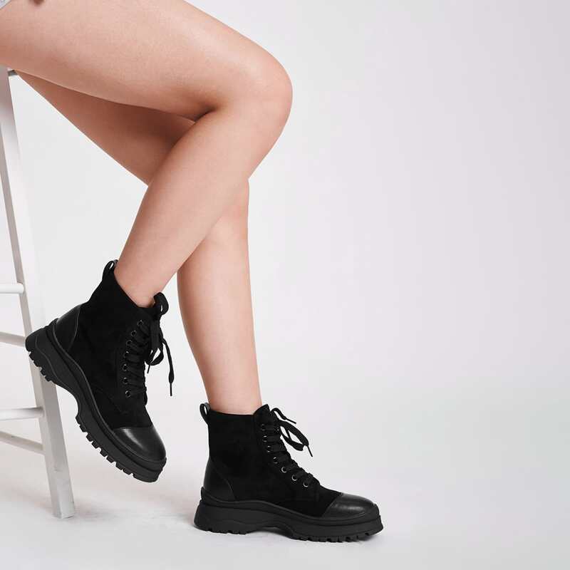 

Cap Toe Suede Combat Boots, Black