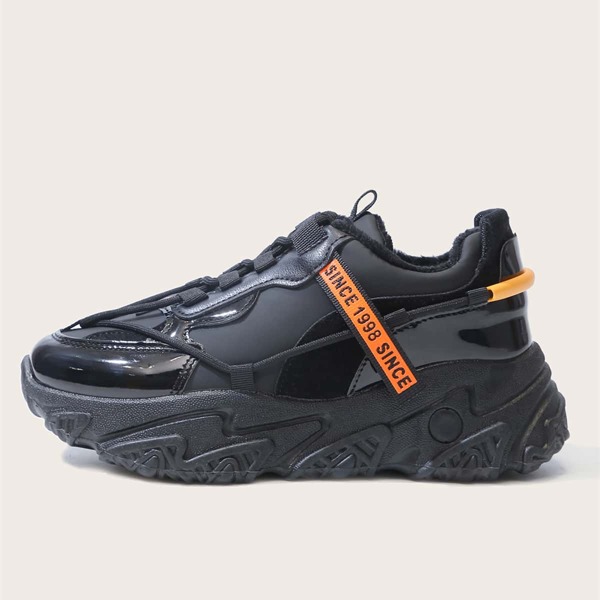 

Letter Tape Decor Lace-up Front Chunky Sneakers, Black