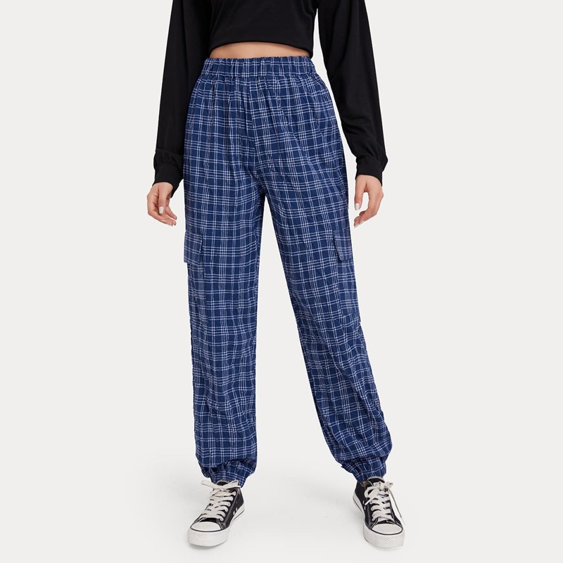 

Plaid High Waist Cargo Pants, Royal blue
