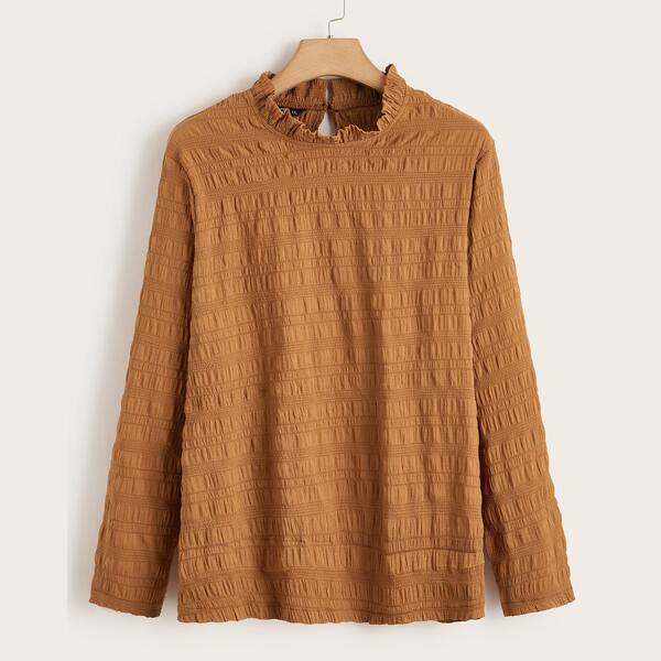 

Plus Frill & Mock Neck Button Keyhole Blouse, Brown