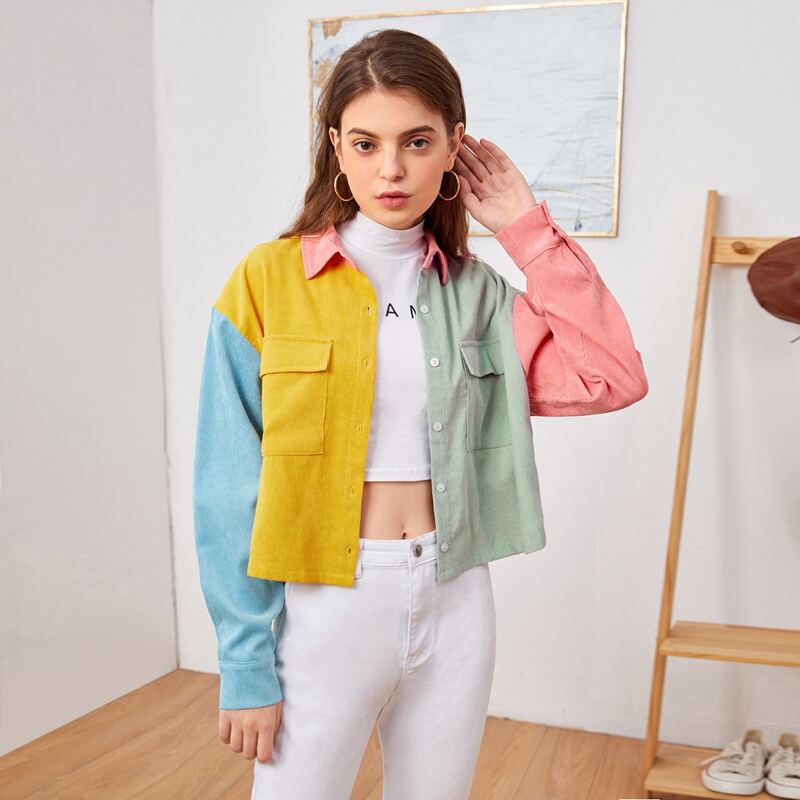 

Corduroy Colorblock Button Front Oversized Jacket, Multicolor