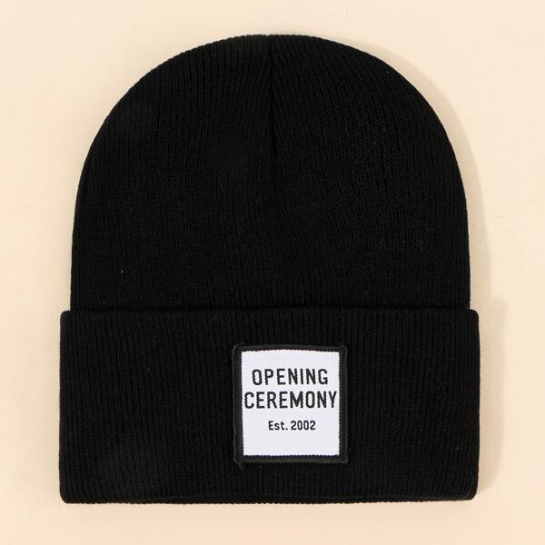 

Slogan Embroidery Knit Beanie, Black
