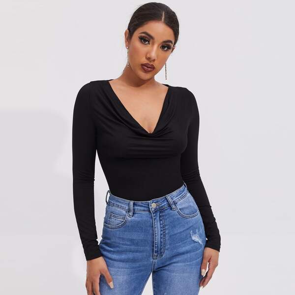 

Draped Neck Ruched Front Solid Tee, Black