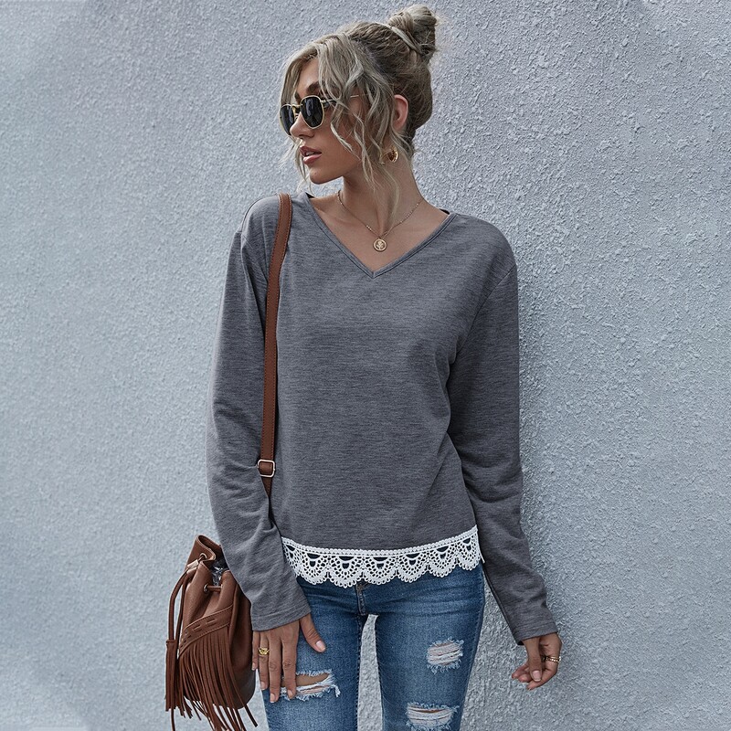 

V-neck Lace Panel Split Back Tee, Dark grey